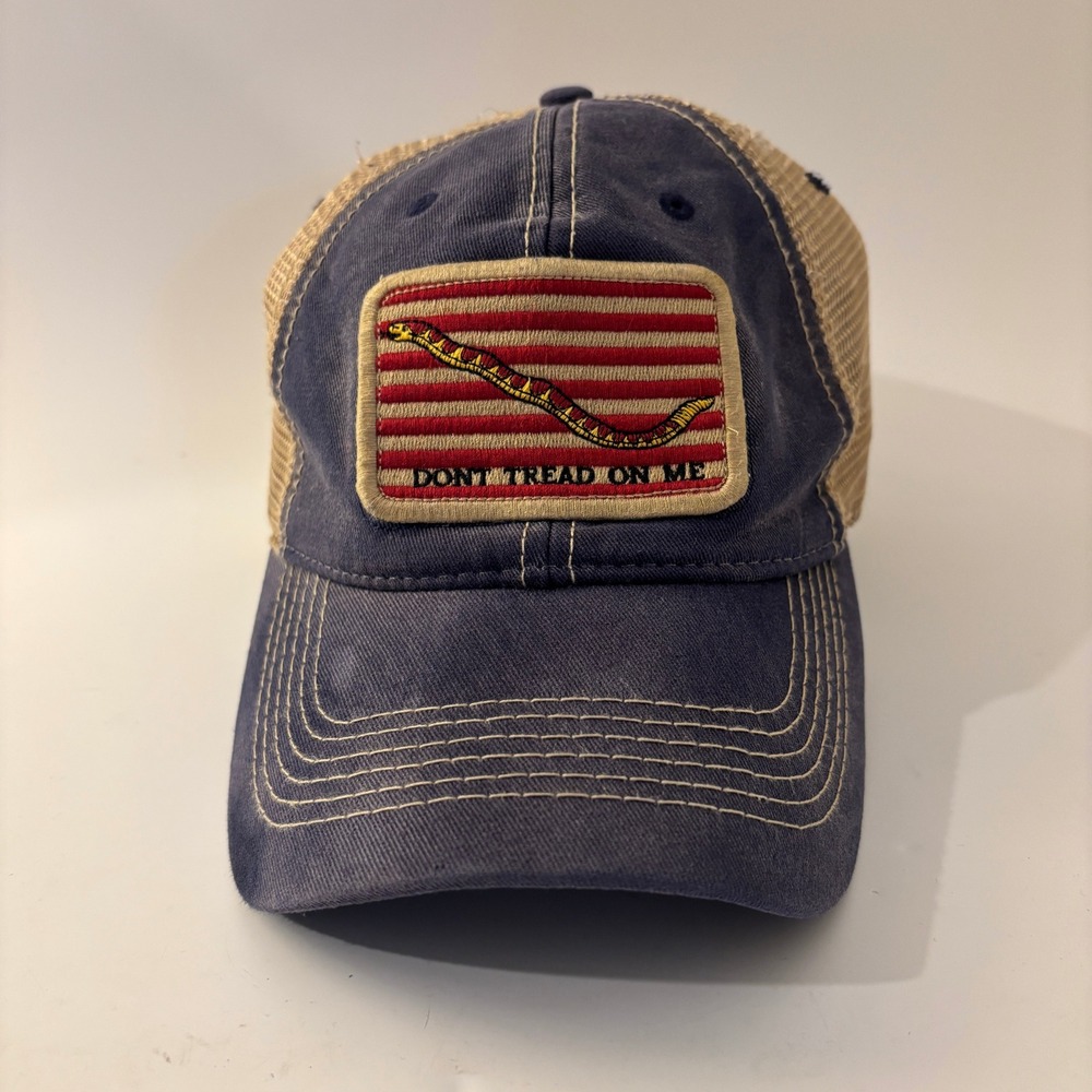S.L. Revival Co Don't Tread On Me Trucker Hat Mens OSFA Blue Tan Distressed